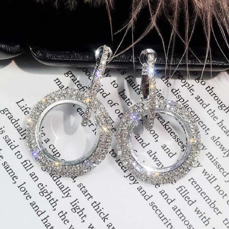 MAIHAO Fashion Rhinestone Double Circle Hoop Earrings for Women Geometric 8 Infinity Round Rings Drop Earrings Party Jewelry Charm (Silver) - Image 2